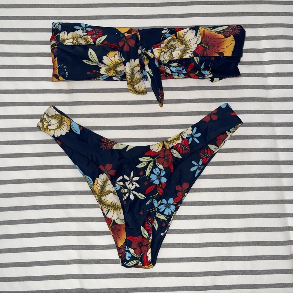 Zaful Navy Floral Bikini Strapless S